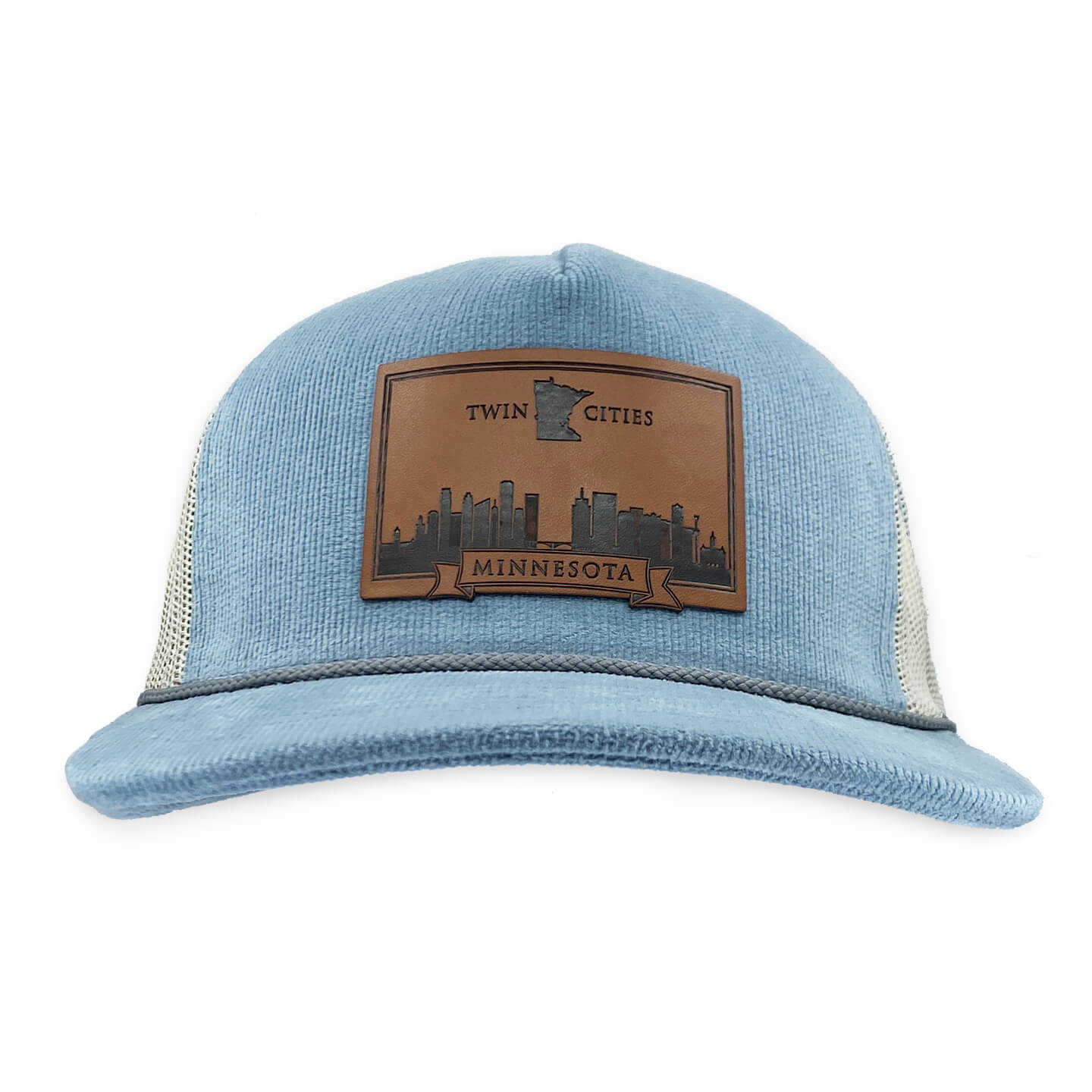 5 panel corduroy trucker hat in Light Blue front view