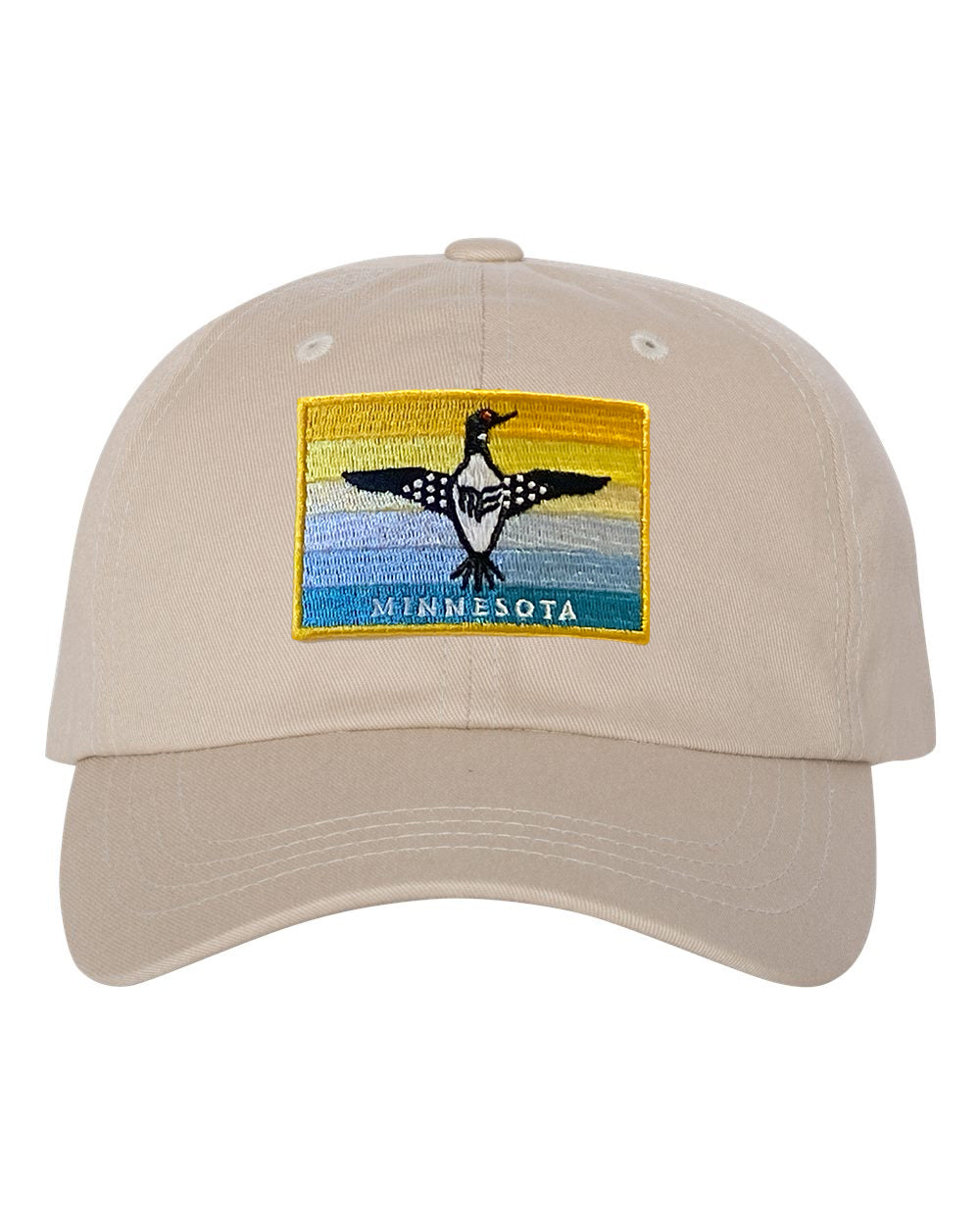 Stone unstructured dad hat with Minnesota Orange sunset flag patch