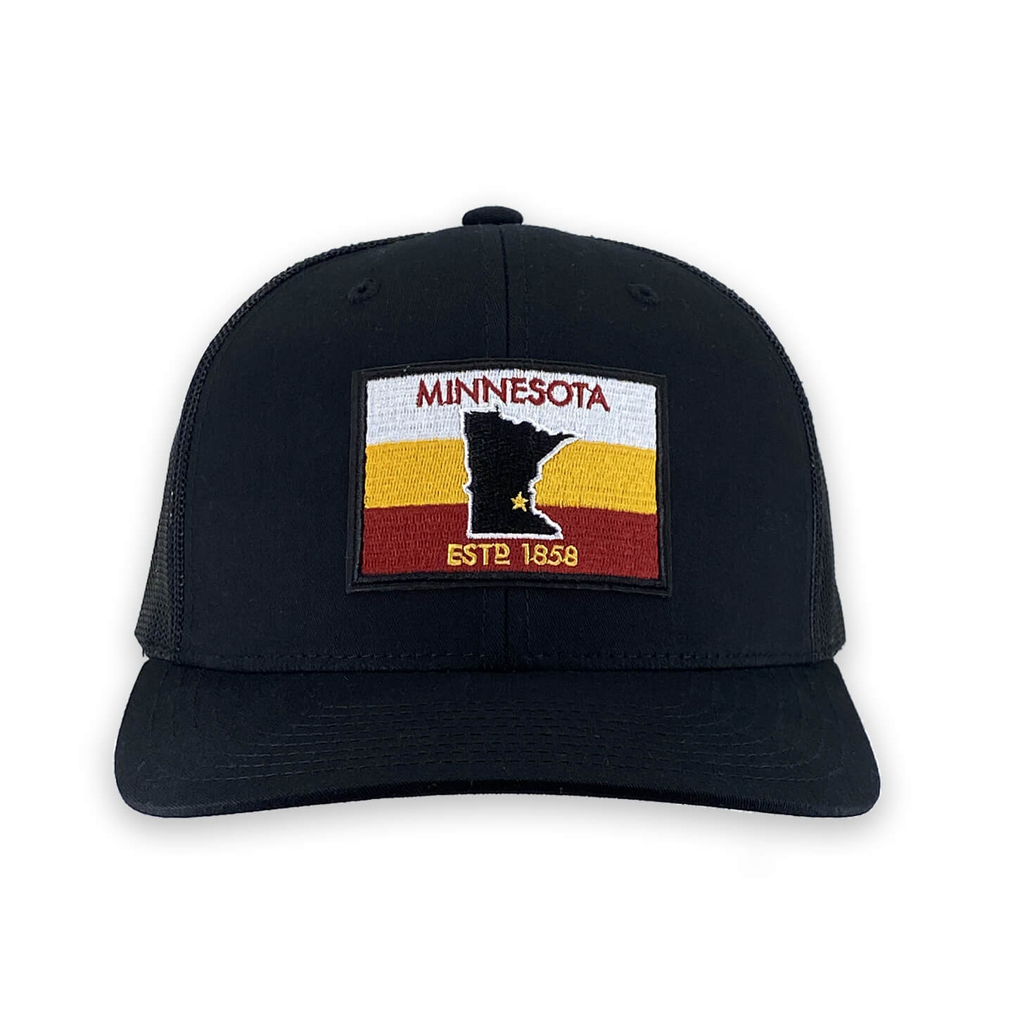 Minnesota- Gopher Inspired- 6 Panel Trucker Hat with Maroon and Gold Minnesota Est'd flag patch