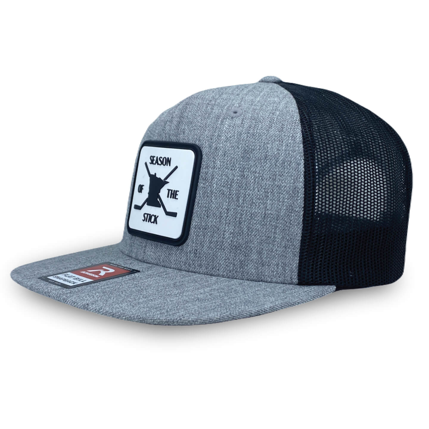 Trucker hat Heather Gray with Hockey inspired Season of the Stick rubber patch