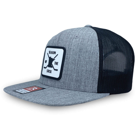 Trucker hat Heather Gray with Hockey inspired Season of the Stick rubber patch