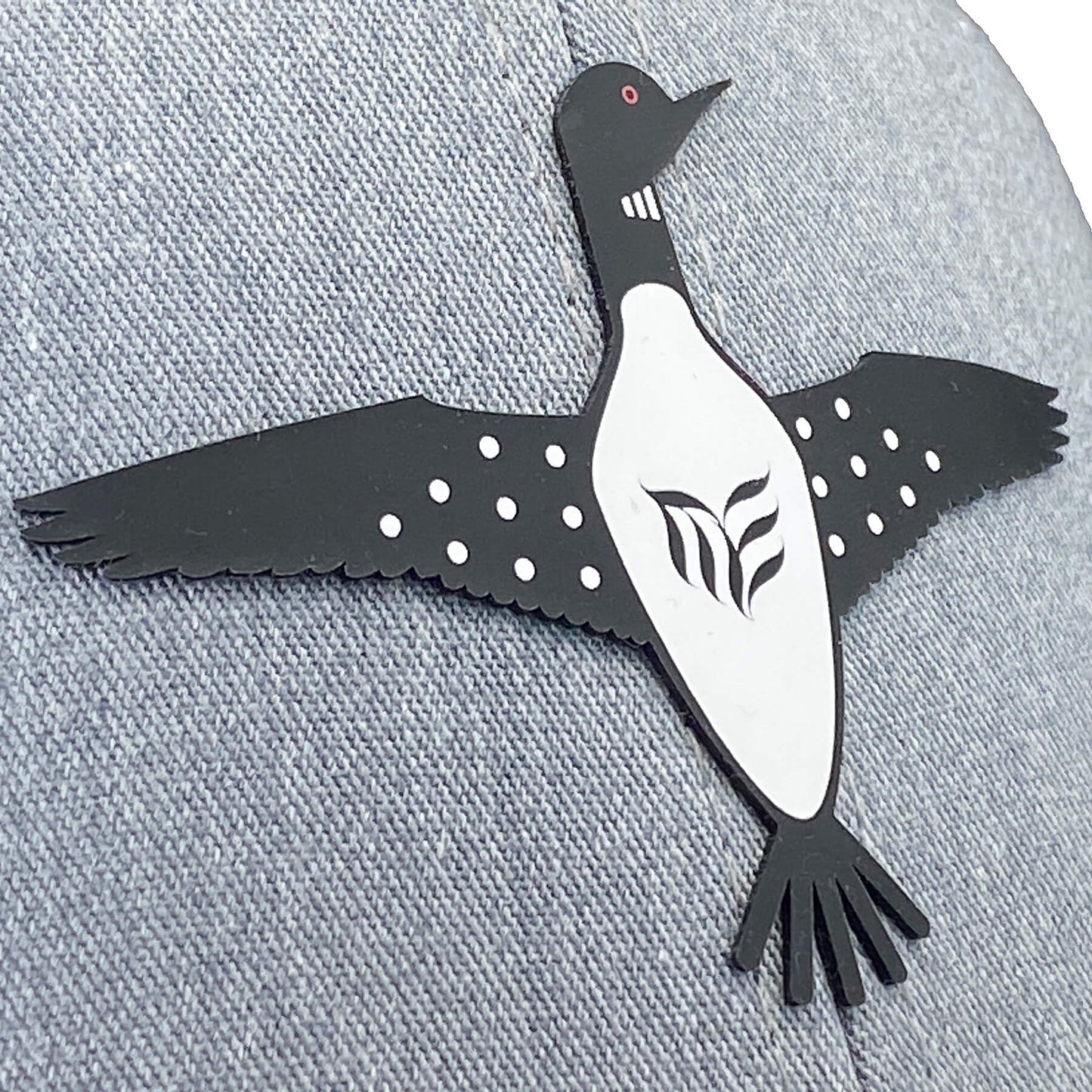 Modern Envy Loon logo on Richardson 112 hat in Grey, Birth and Amber close view