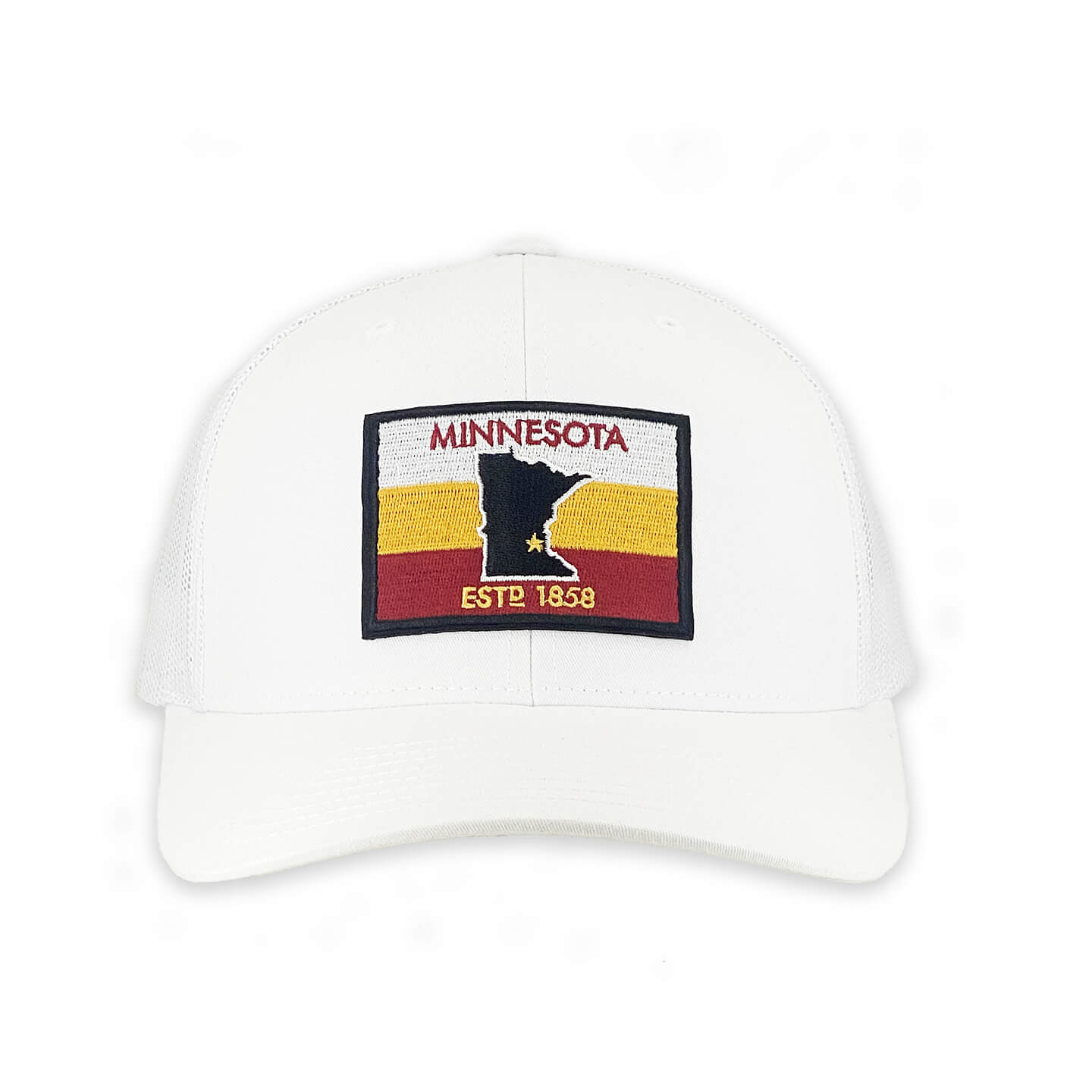 White 6 panel snapback trucker hat with Maroon and Gold Est'd patch front view