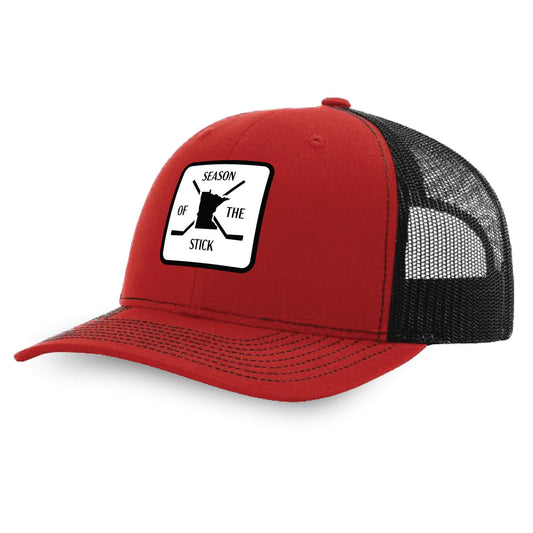 Trucker hat Red with Hockey inspired Season of the Stick rubber patch