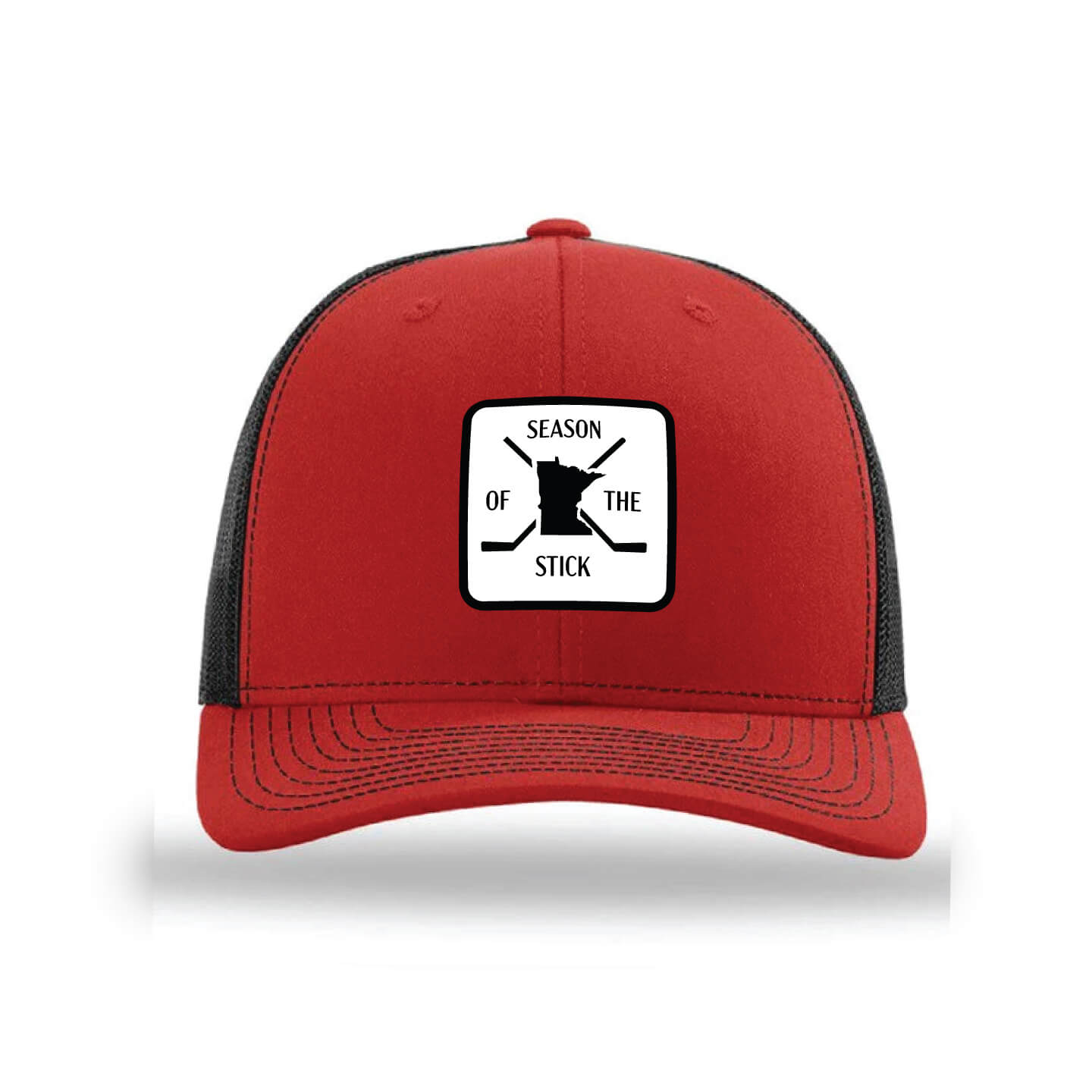 Trucker hat Red with Hockey inspired Season of the Stick rubber patch