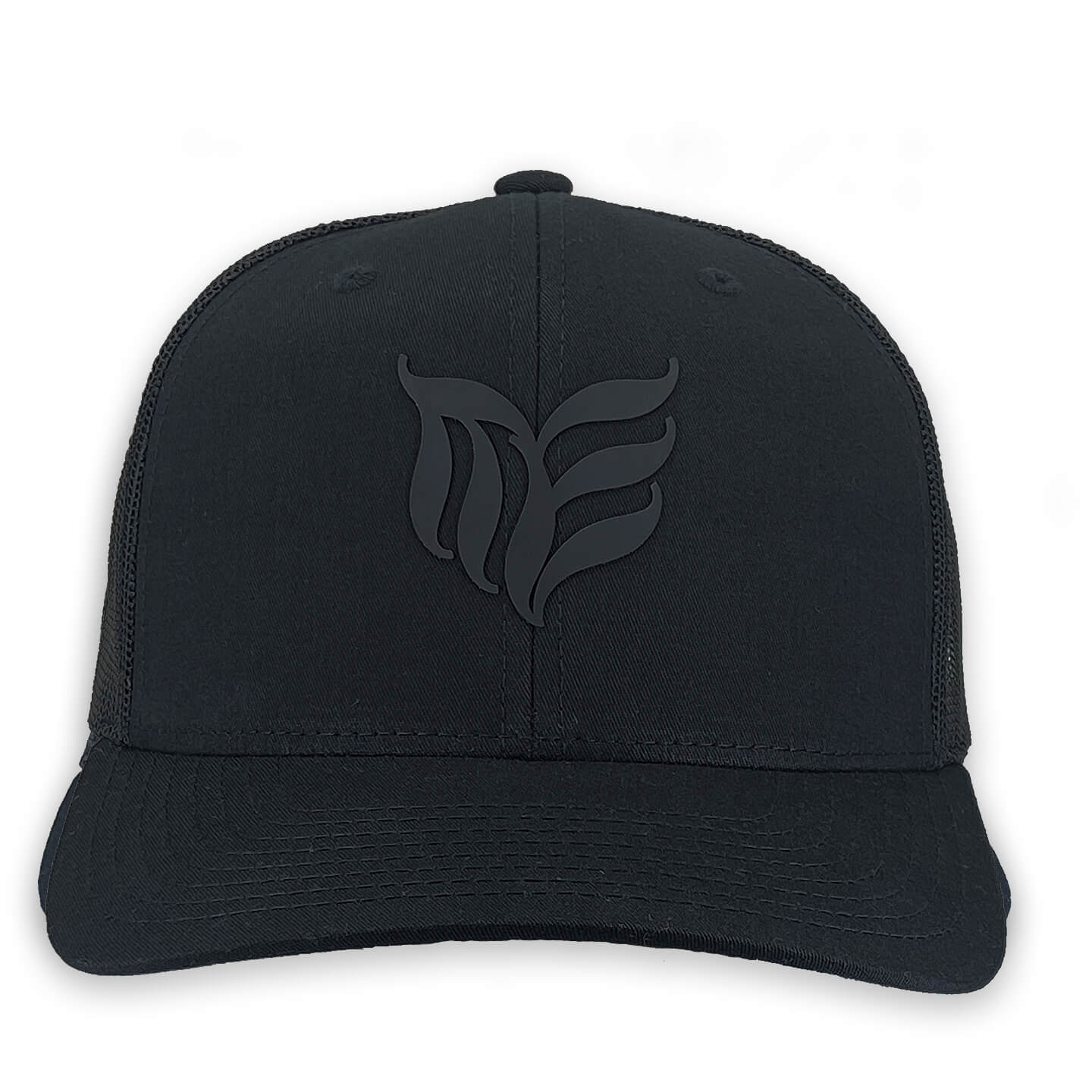 6 panel snapback trucker hat with soft silicone ME logo design front view