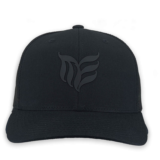 6 panel snapback trucker hat with soft silicone ME logo design front view