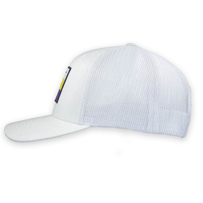 6 panel trucker in White with  Purple and Yellow flag patch side view