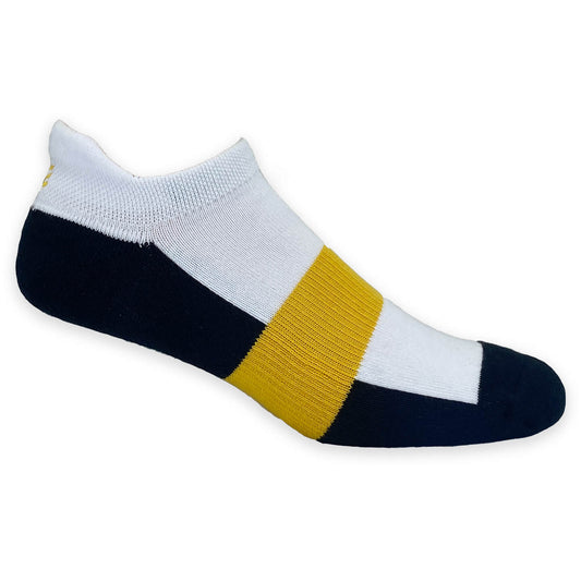 Elevated comfort ankle socks in White with Black bottom and Gold arch band side view