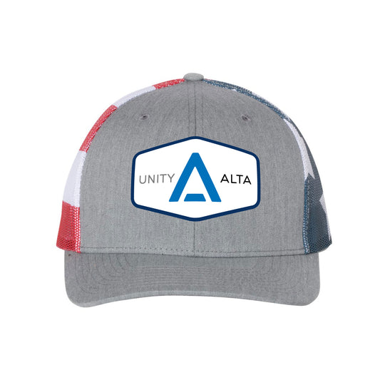 3-4 weeks production 10pc Avigilon PVC USA Blue outline Trucker Hat Heather Gray USA back