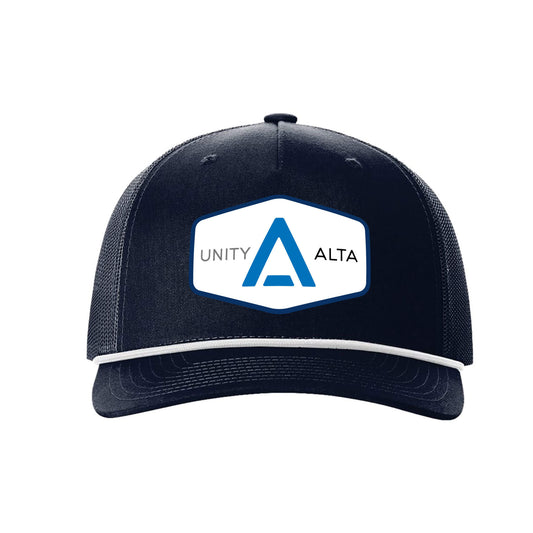 3-4 weeks production 10pc Avigilon PVC USA Blue outline Trucker Hat Navy Rope