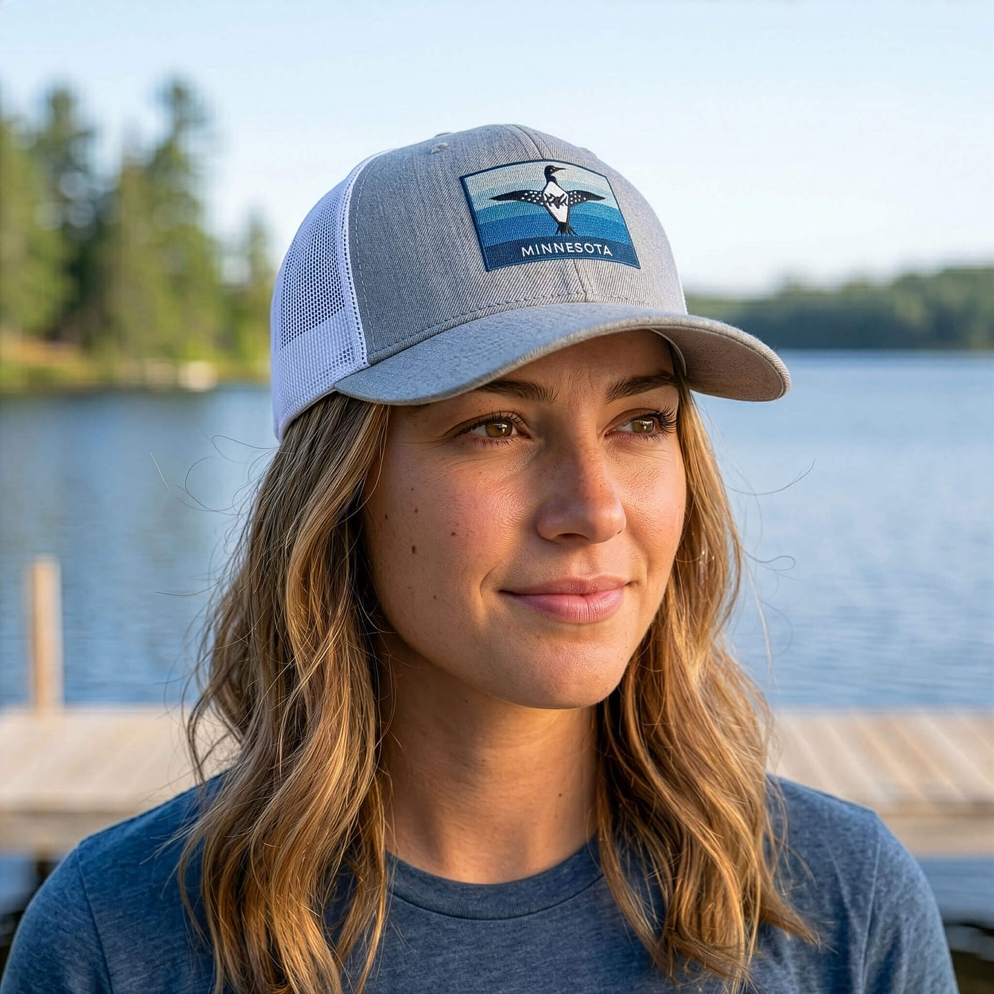 Minnesota Flexfit 110-6 Panel Gray, White Hat Blue Loon Embroidery Patch