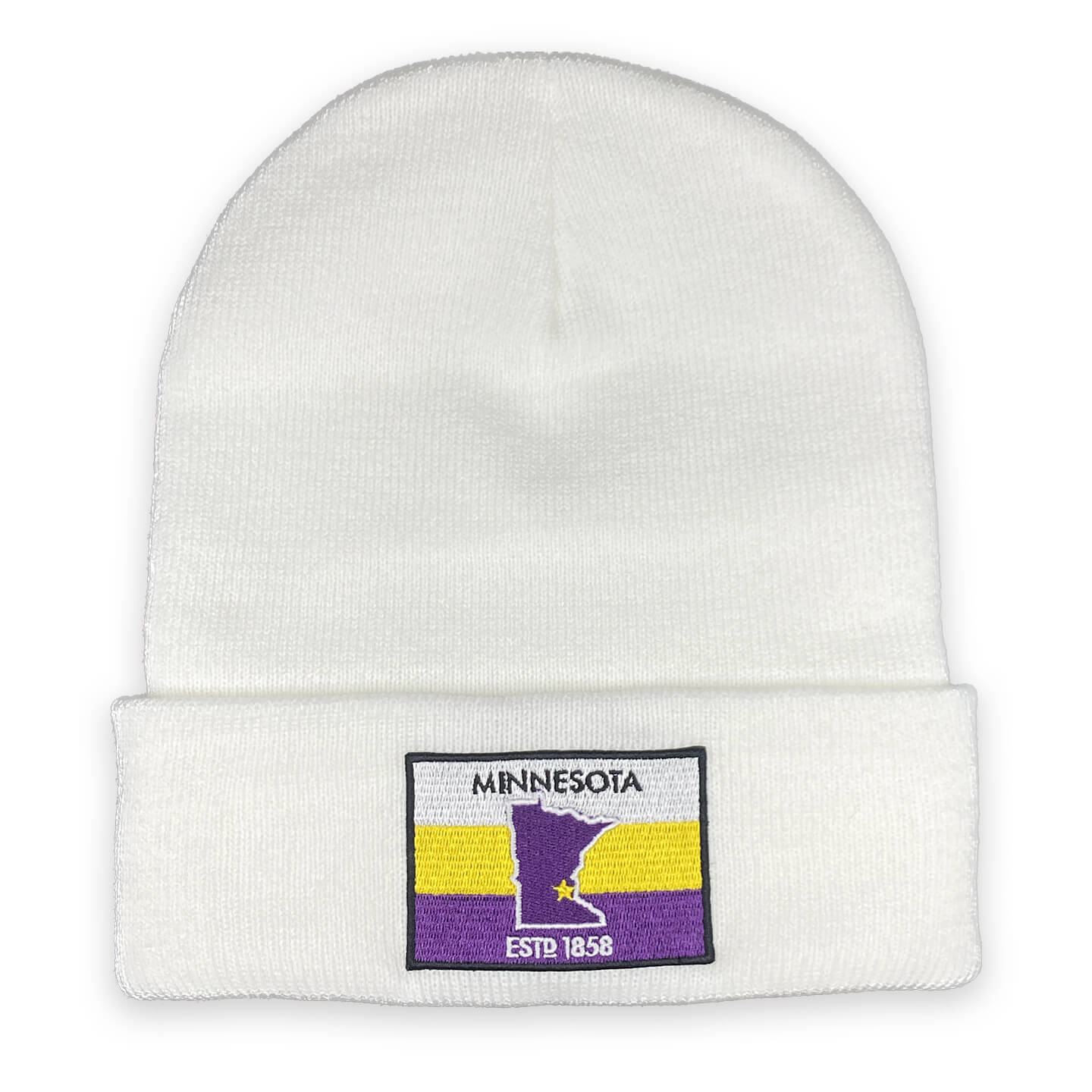 White cuffed beanie with Purple and Yellow Flag Patch front view