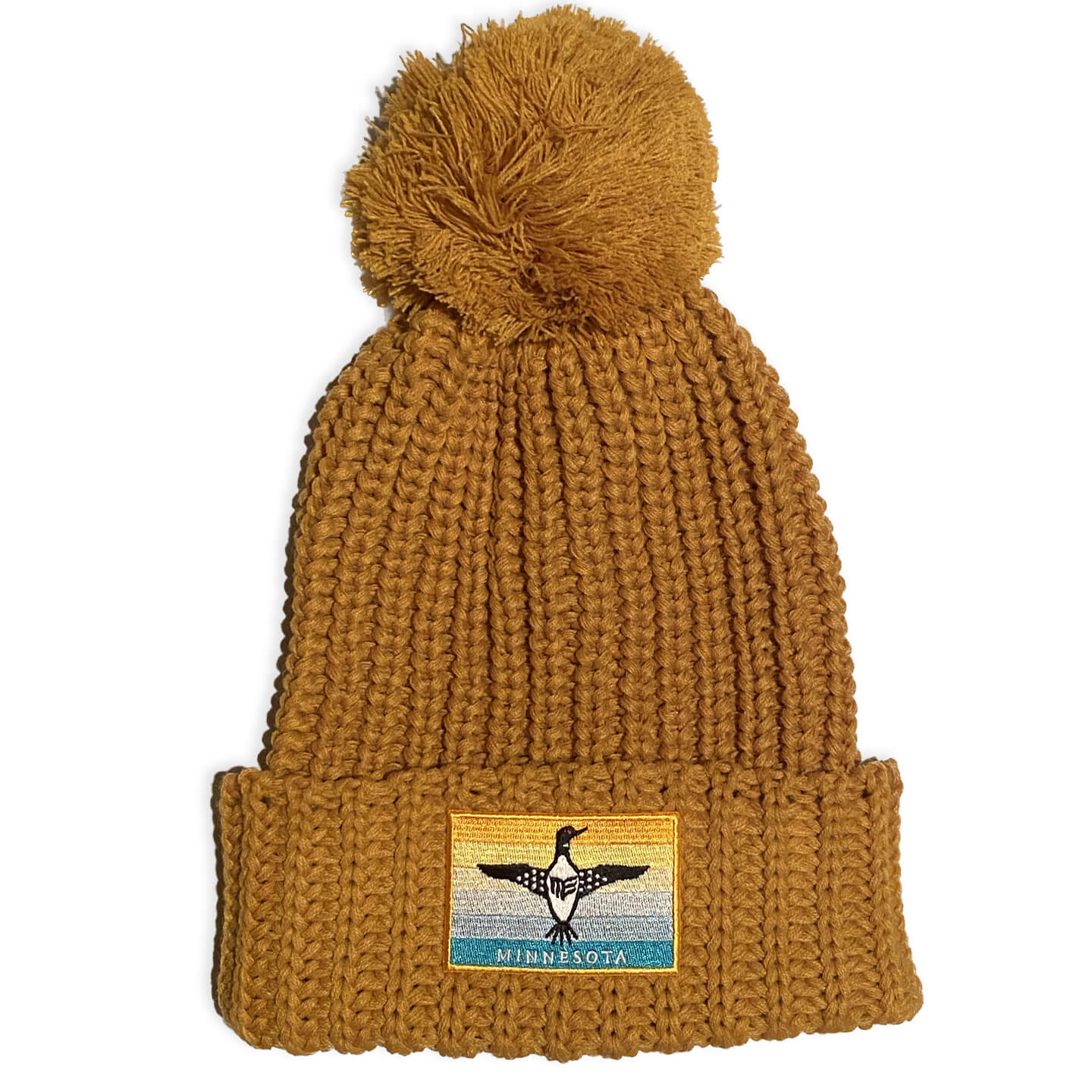 Caramel Chunky Cable with Cuff & Pom Beanie with Orange Loon Flag Patch