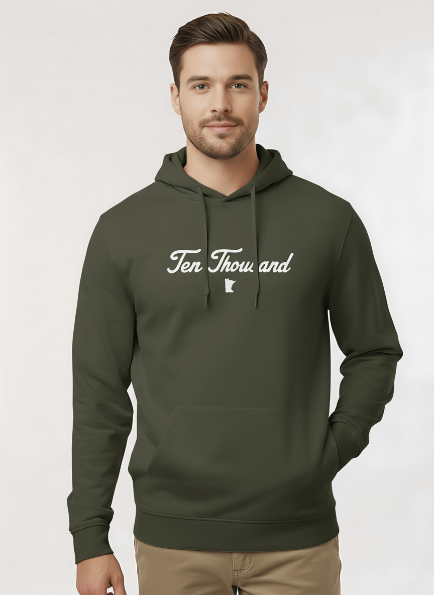 Man wearing a green hoodie with 'Ten Thousand' text on a white background