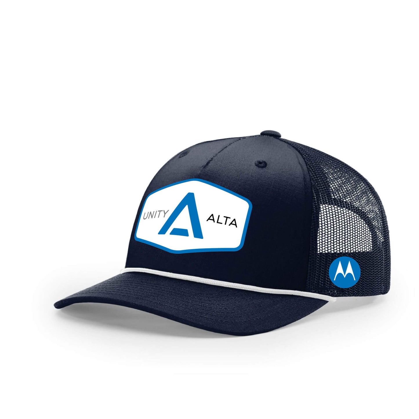 3-4 weeks production 10pc Avigilon PVC Blue outline Trucker Hat Navy Rope