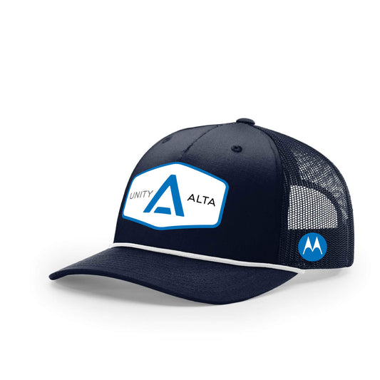 3-4 weeks production 10pc Avigilon PVC Blue outline Trucker Hat Navy Rope