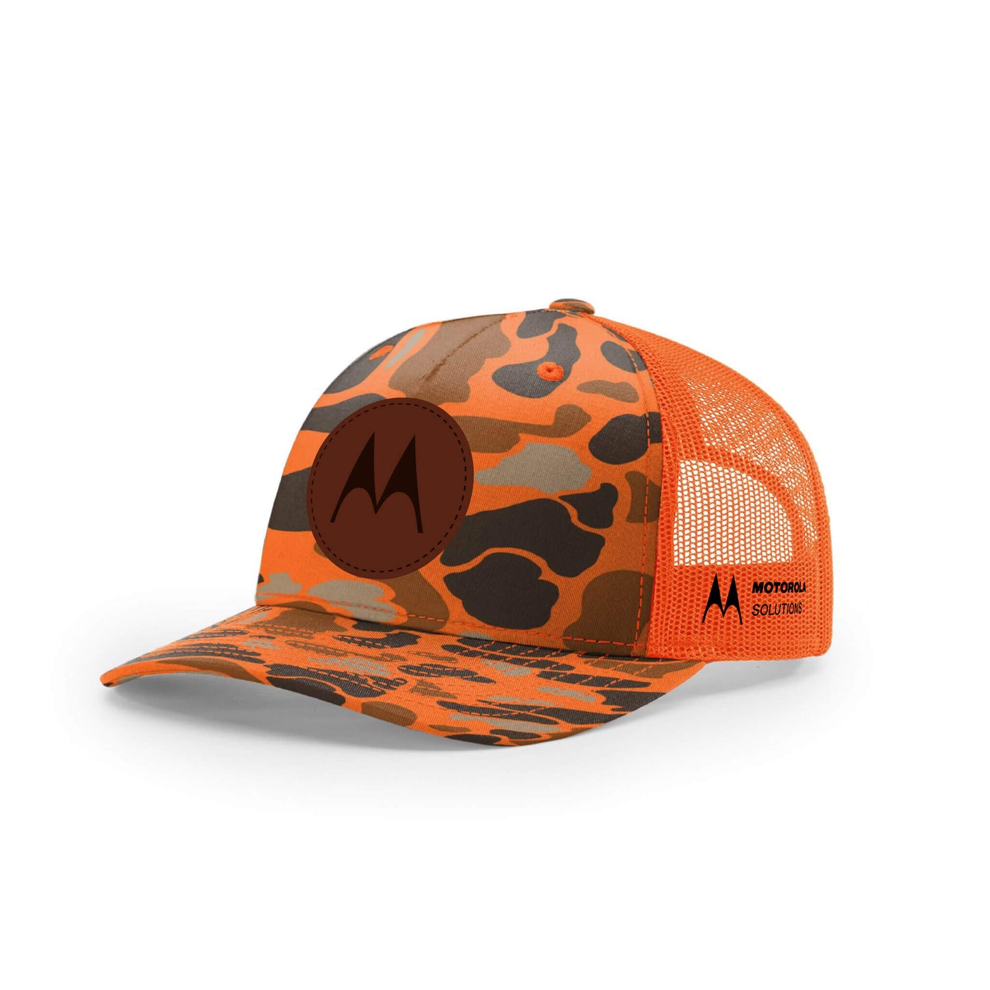 3-4 weeks production 10pc Motorola Leather Patch Trucker Hat Blaze Camo