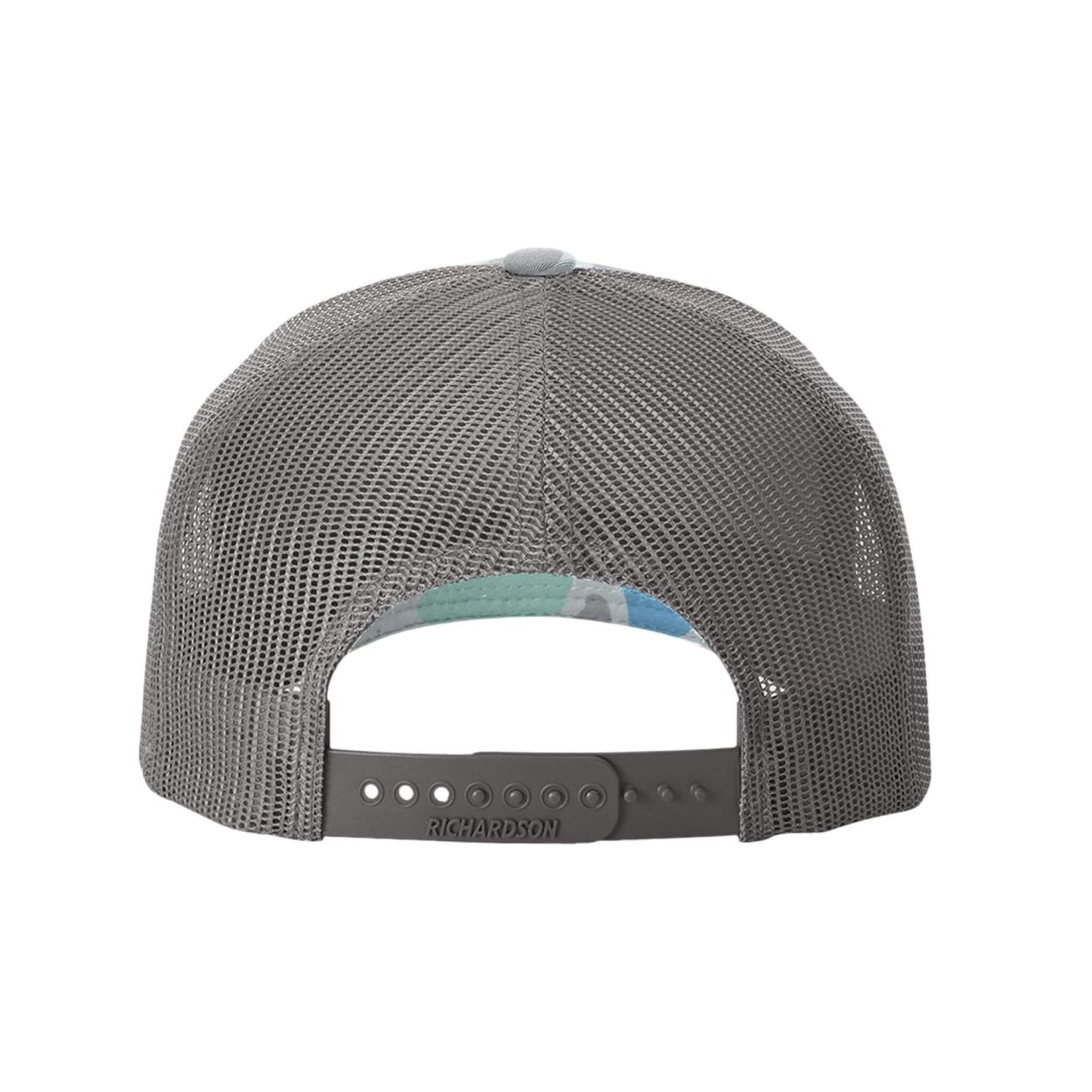 The back view of a gray mesh trucker cap with an adjustable snapback strap, featuring the 'richardson' brand name printed on the strap.