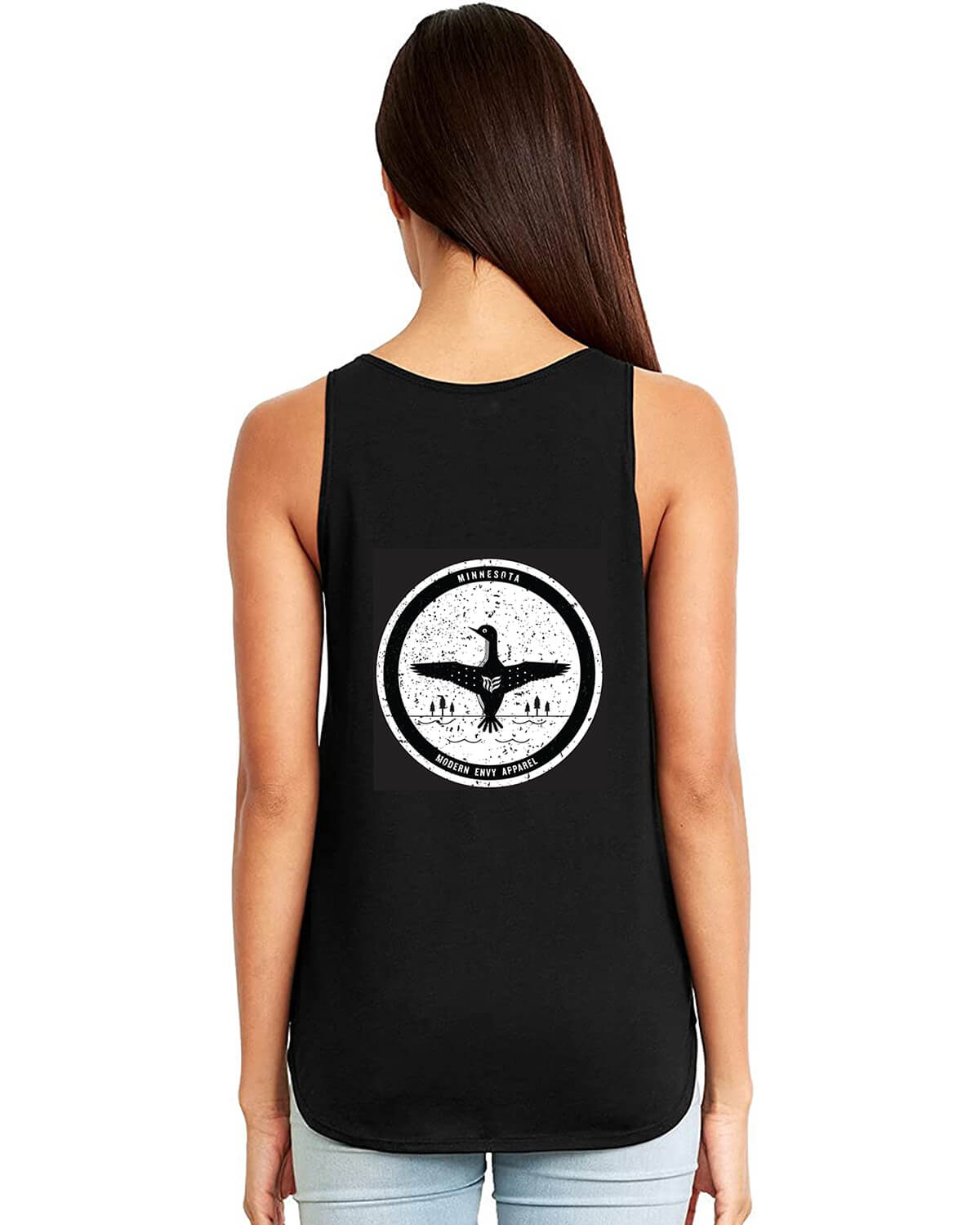 model with Modern Envy Loon logo tank back