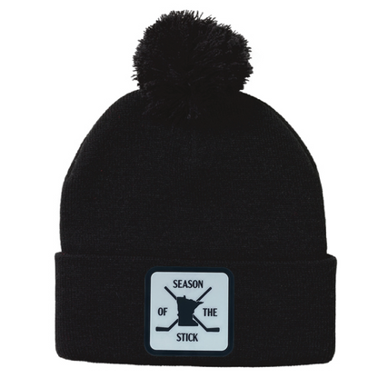 Pom Beanie Black with Hockey inspired Season on the Stick rubber patch