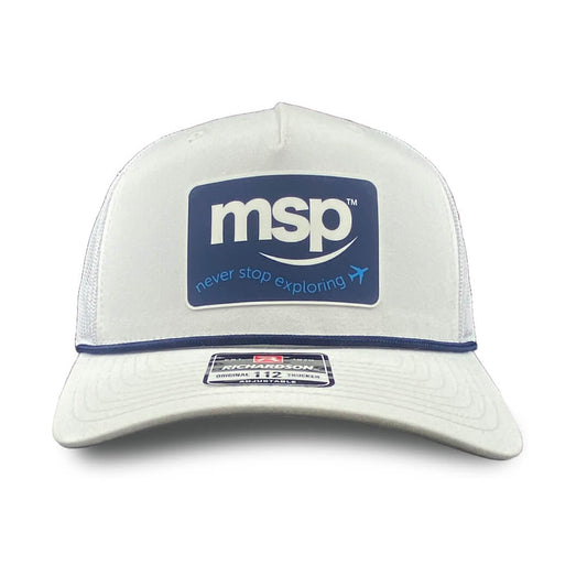 MSP White Trucker Hat with Navy Rope featuring the Never Stop Exploring Silicone Patch