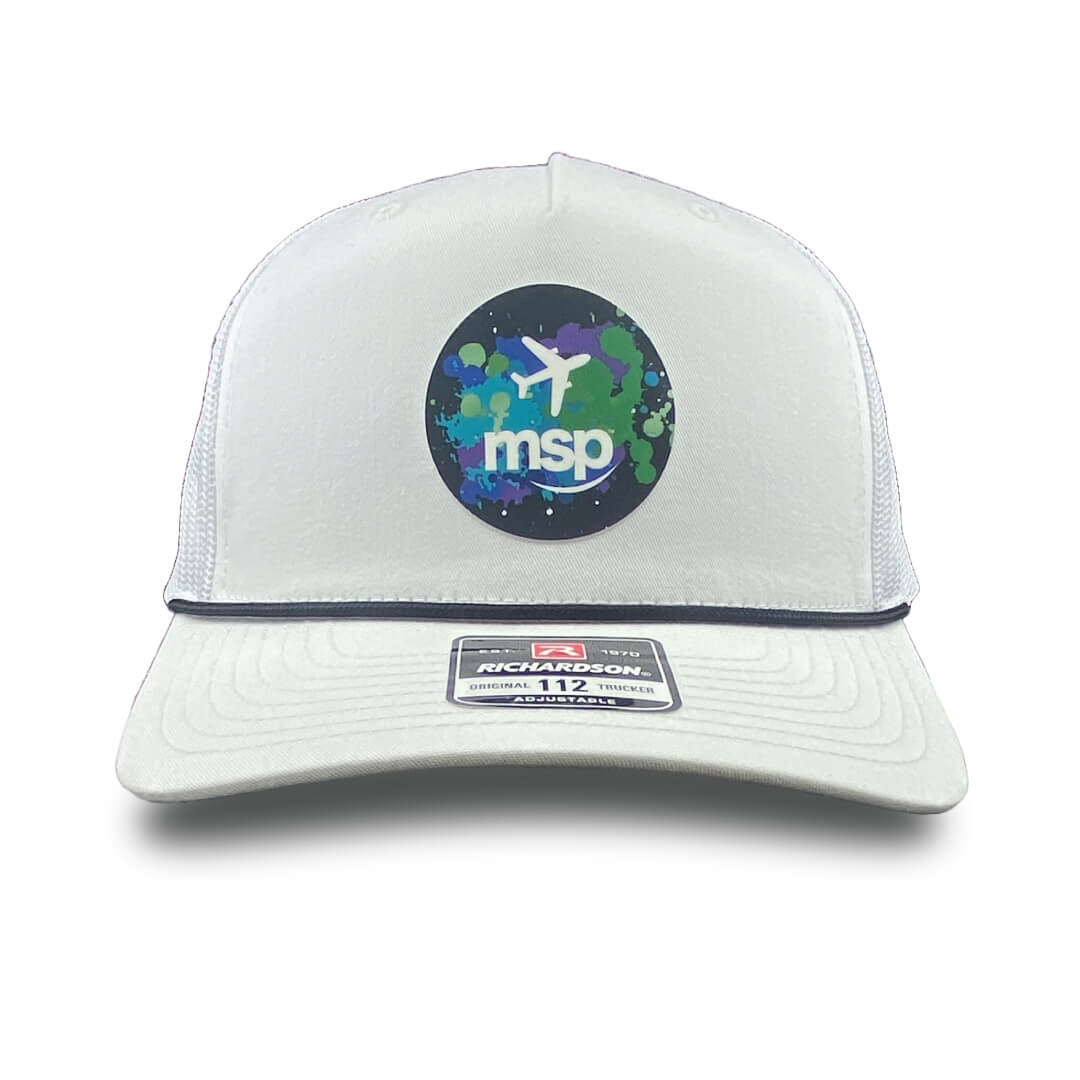 MSP White Trucker Hat with Navy Rope accent featuring the Paint Splatter Airplane Silicone Patch