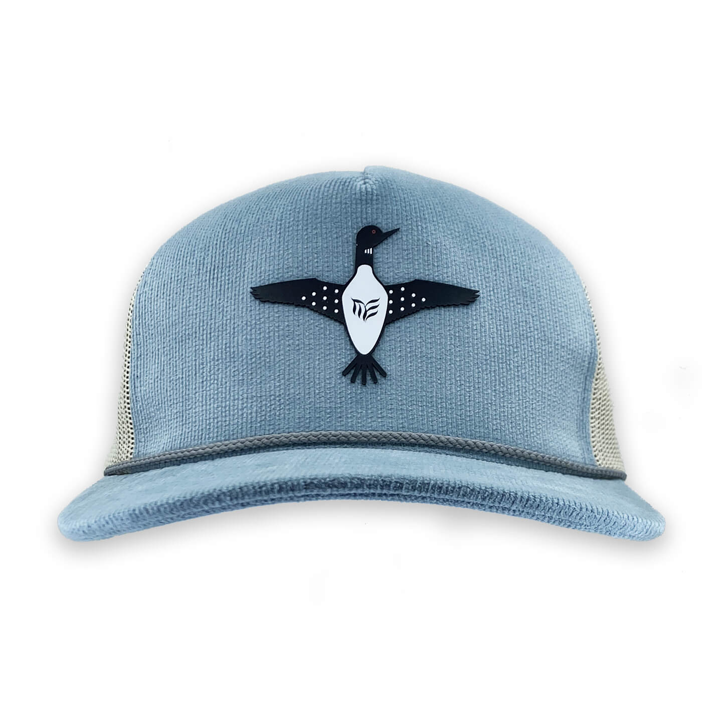 Corduroy 5 panel trucker hat with Loon patch front view