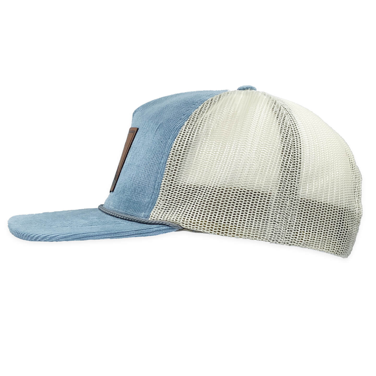 5 panel corduroy trucker hat in Light Blue side view
