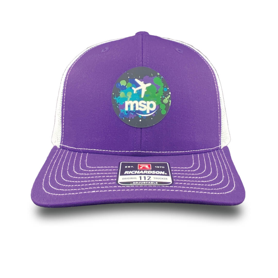 MSP Purple and White Trucker Hat featuring Paint Splatter Airplane Silicone Patch