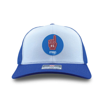 MSP White with Royal Blue Classic Trucker Hat featuring Number 1 Silicone Patch