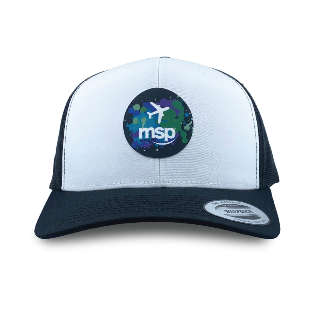 MSP White with Black Classic Trucker Hat featuring Paint Splatter Airplane Silicone Patch