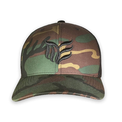 6 Panel Green Camo trucker hat with Modern Envy logo front view