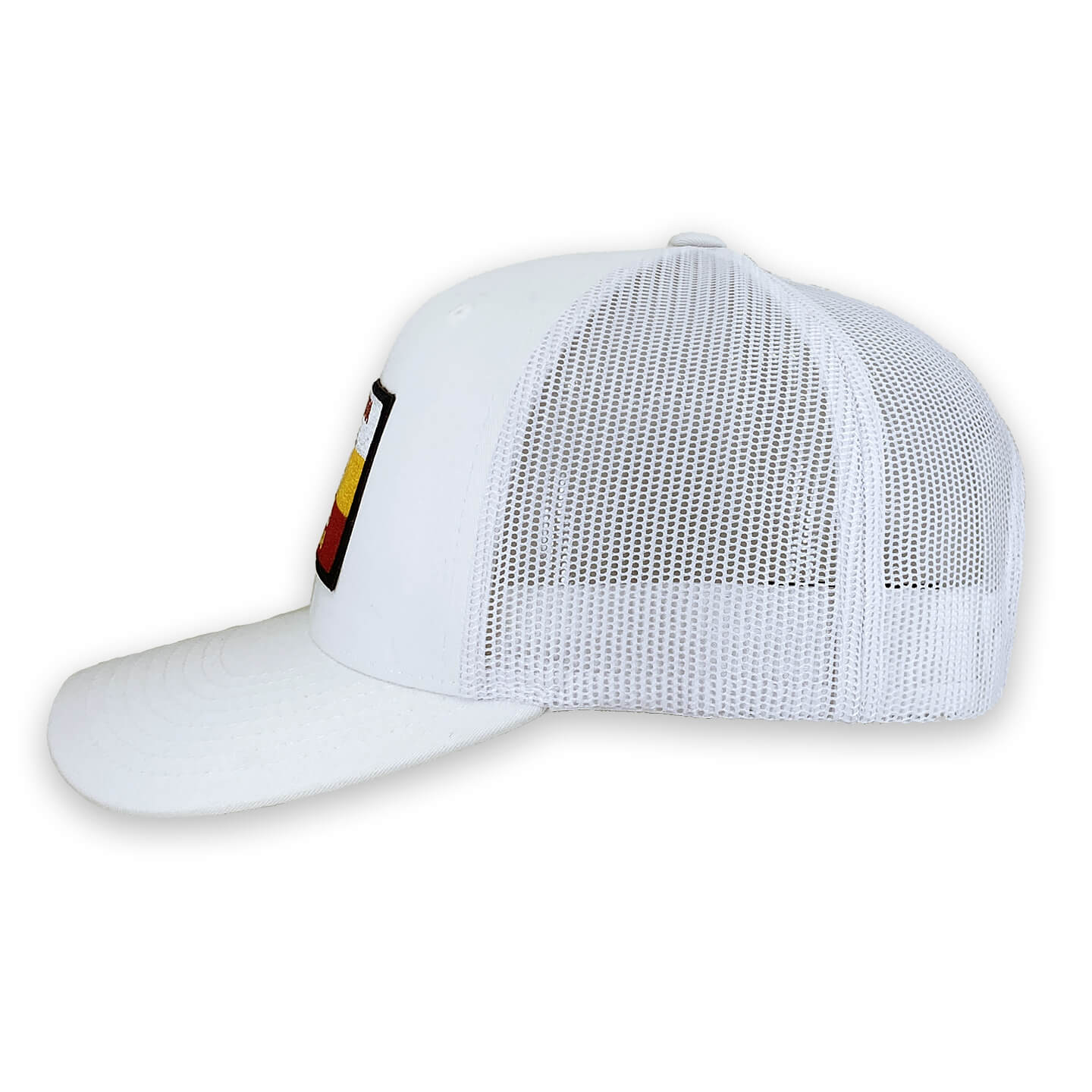 White 6 panel snapback trucker hat with Maroon and Gold Est'd patch side view