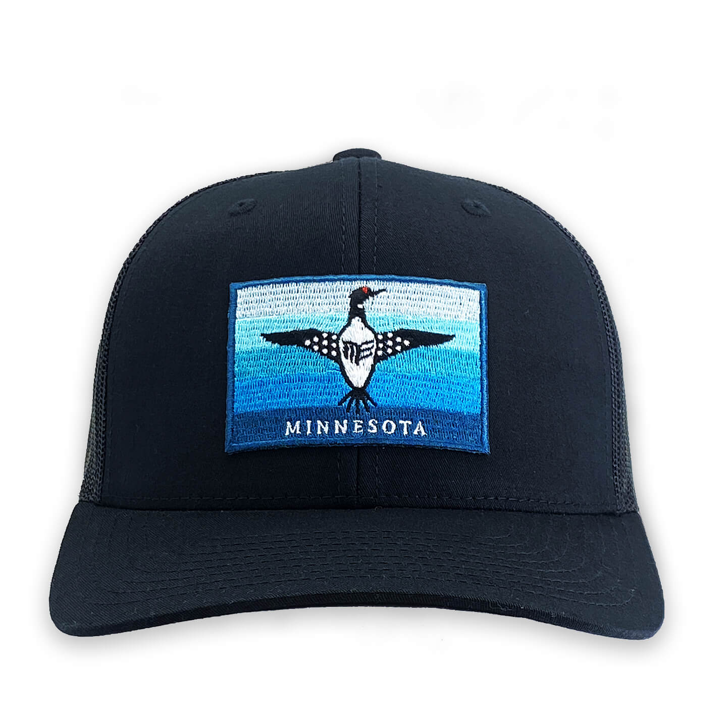 Black color 6 panel snapback hat with Loon on Blue Flag embroidery patch