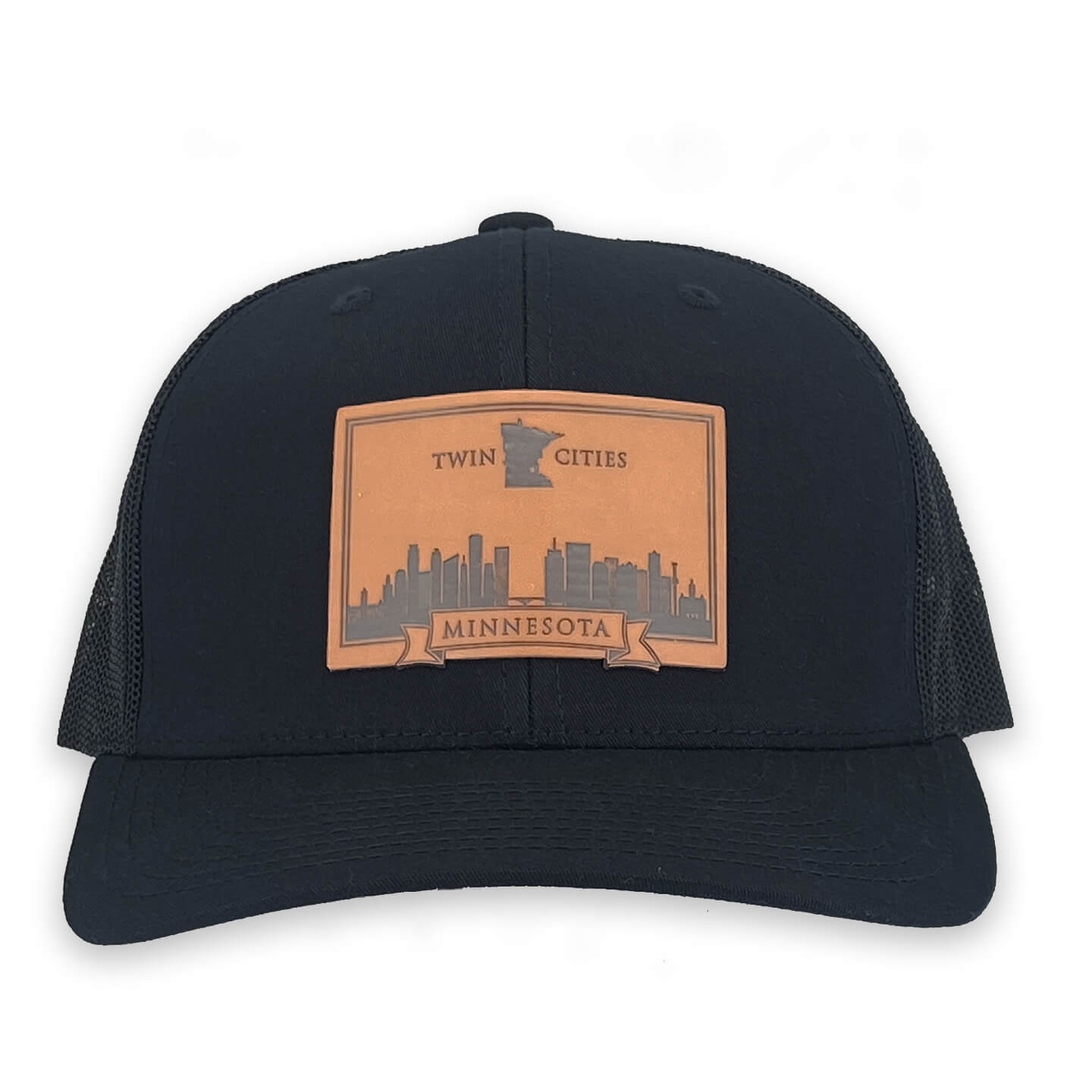 6 panel snapback trucker hat with leather Twin Cities Minnesota patch front view
