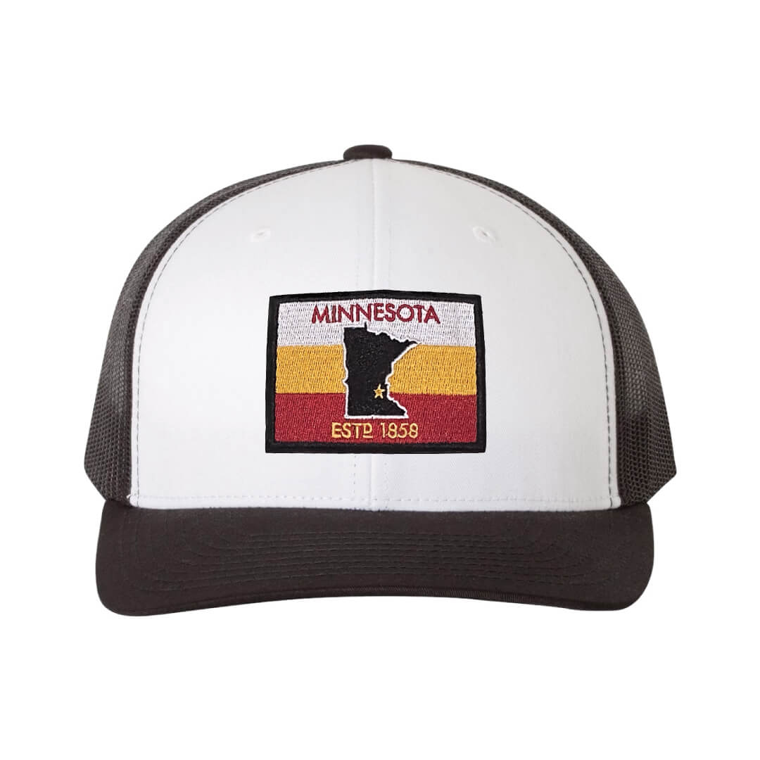 Minnesota- Gopher Inspired- 6 Panel Trucker Hat with Maroon and Gold Minnesota Est'd flag patch