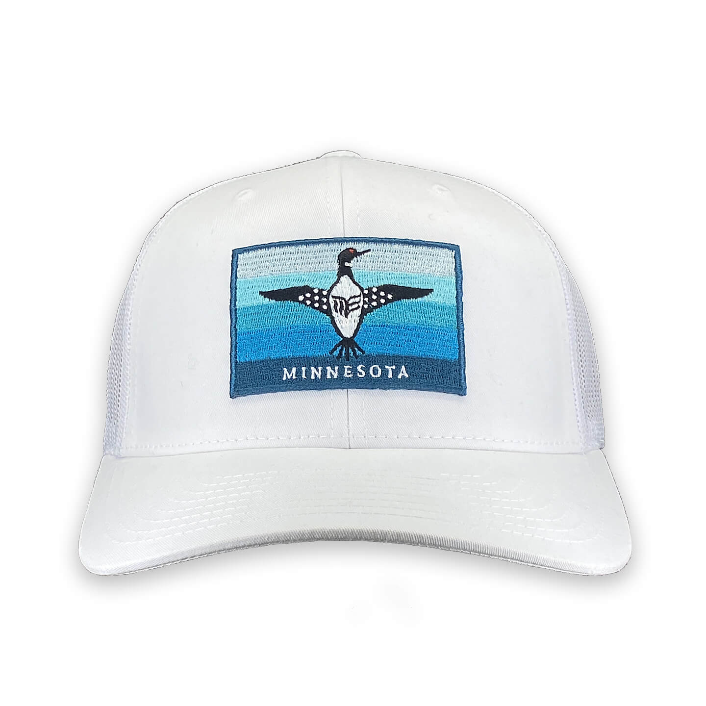 White color 6 panel snapback hat with Loon on Blue Flag embroidery patch