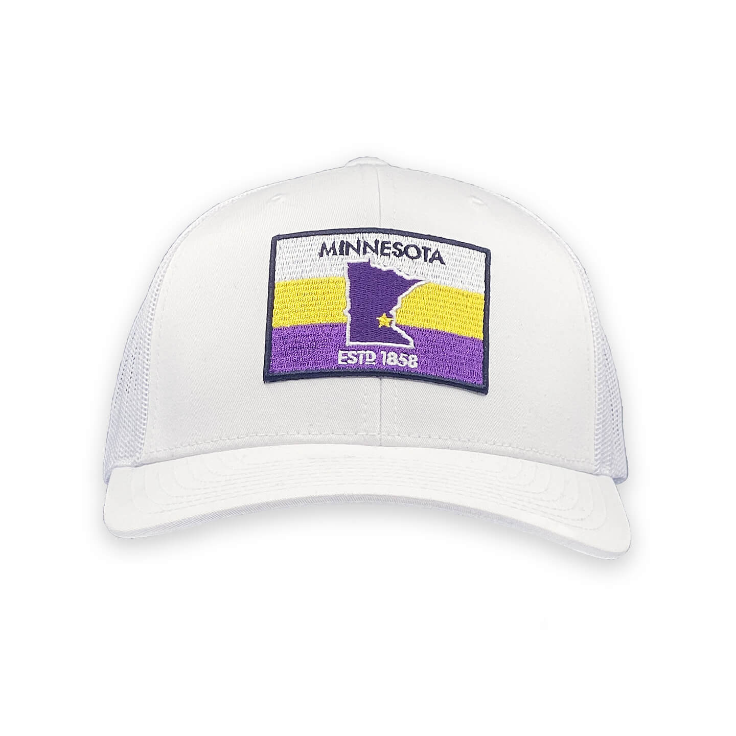 6 panel trucker in White with  Purple and Yellow flag patch front view