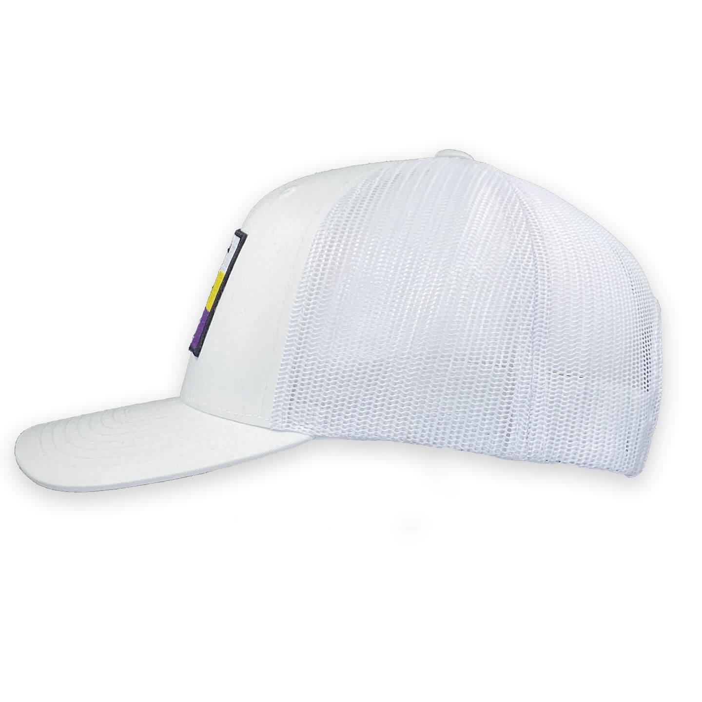 6 panel trucker in White with  Purple and Yellow flag patch side view