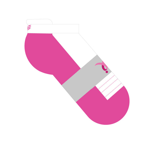Elevated comfort ankle socks in White with Water Blue bottom and Navy arch band Komen Edition side view artwork