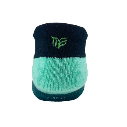 Elevated comfort ankle socks in Black with Mint bottom and Forest Green arch band back view
