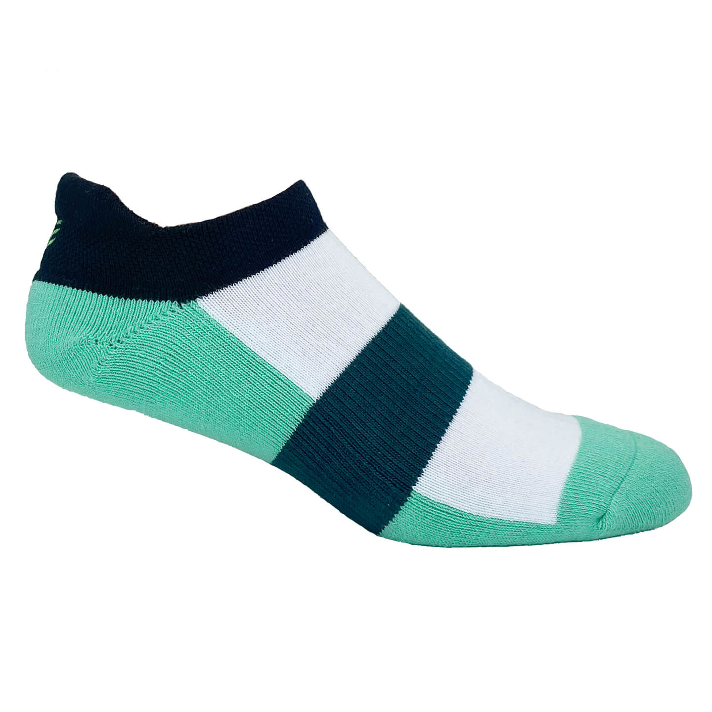 Elevated comfort ankle socks in Black with Mint bottom and Forest Green arch band side view