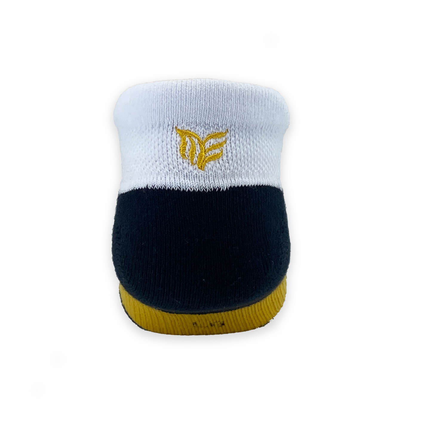 Elevated comfort ankle socks in White with Black bottom and Gold arch band back view