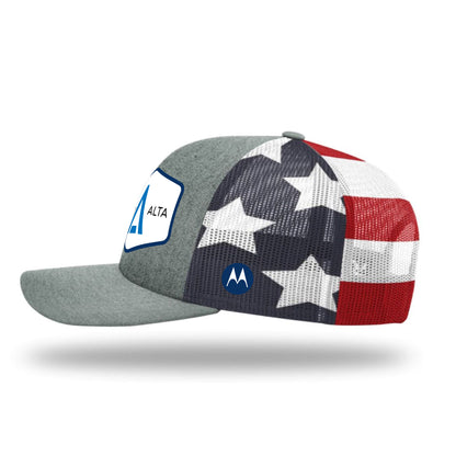 3-4 weeks production 10pc Avigilon PVC USA Blue outline Trucker Hat Heather Gray USA back