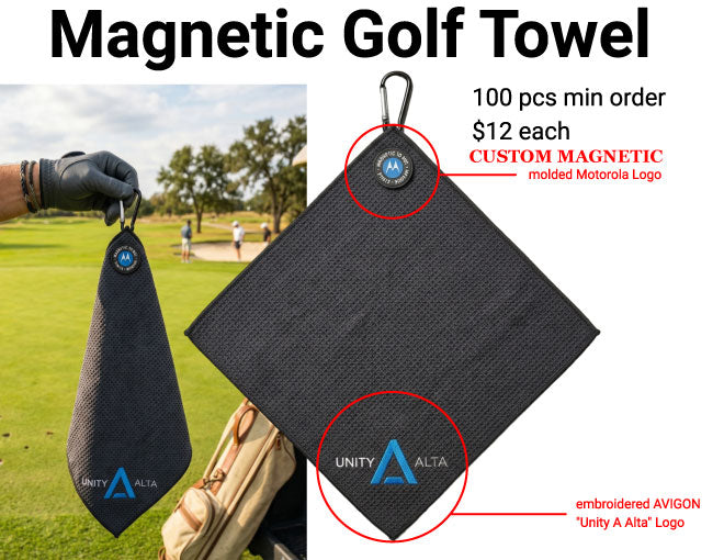 12 pcs Avigilon golf towel with custom molded Motorola magnet
