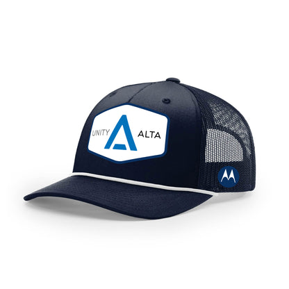 3-4 weeks production 10pc Avigilon PVC USA Blue outline Trucker Hat Navy Rope