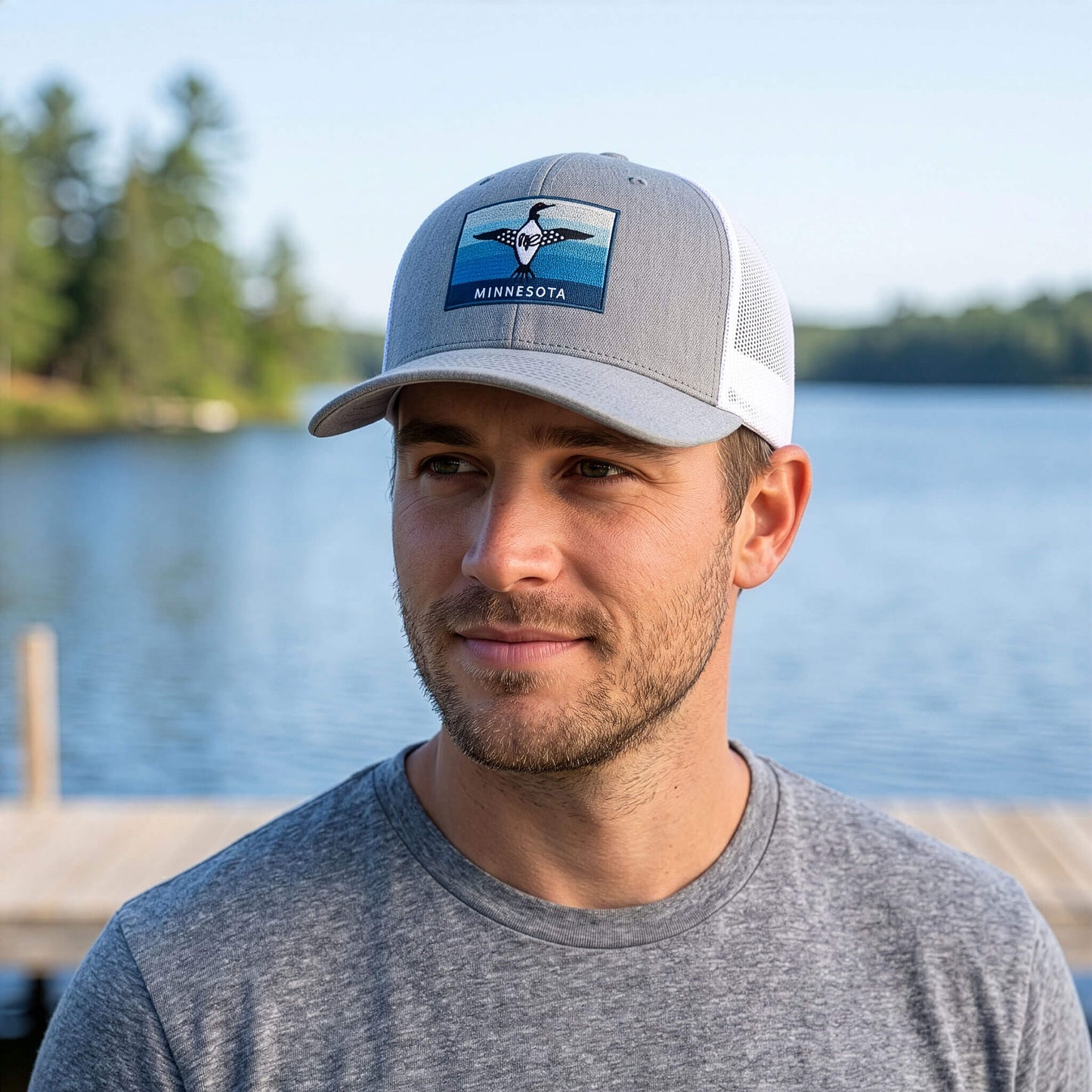Minnesota Flexfit 110-6 Panel Gray, White Hat Blue Loon Embroidery Patch