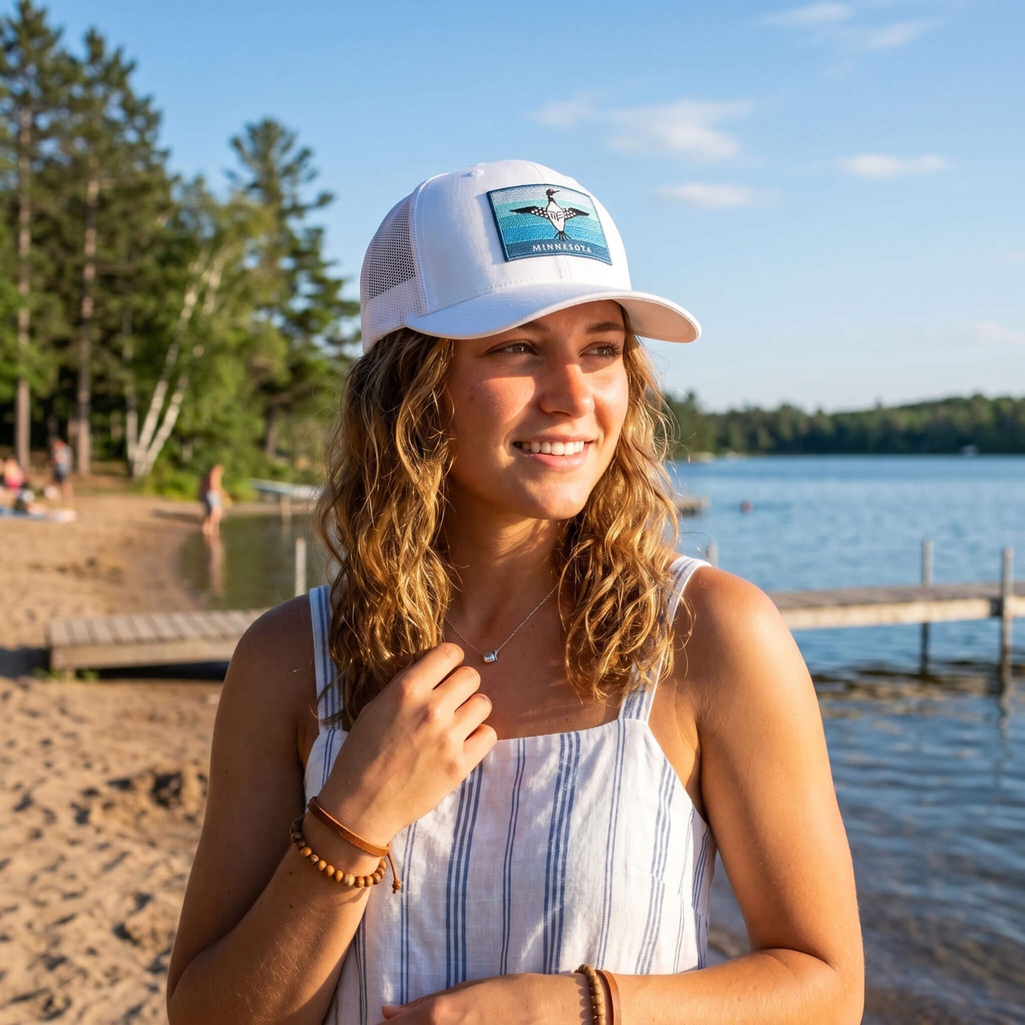 Minnesota Embroidery Flag Loon Patch on White Yupoong Classic 6 Panel Snapback Trucker Hat