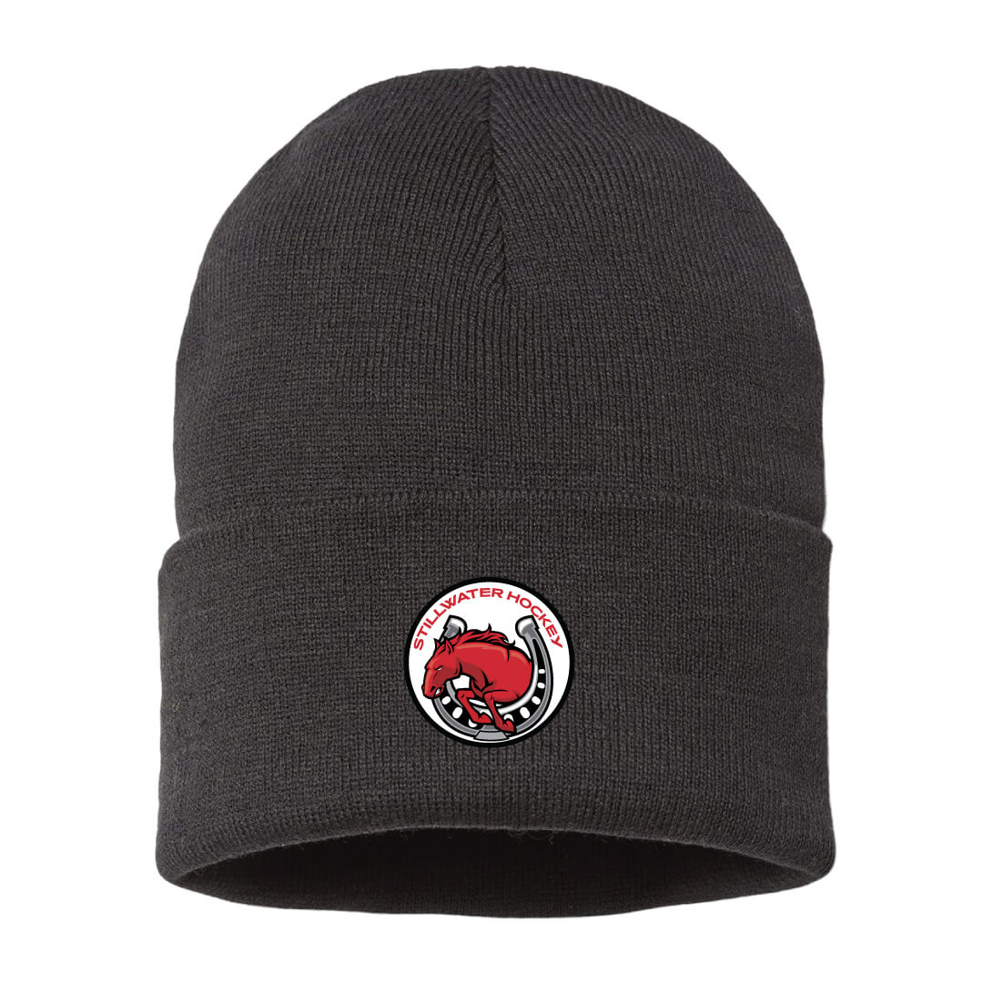 Black Cuffed Beanie with Rubber Stillwater Ponies Boys Hockey